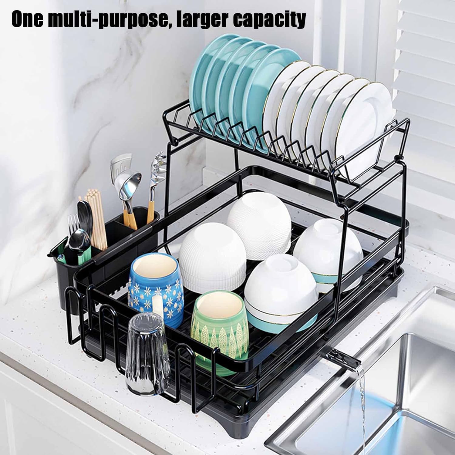 CARLA HOME 2-Tier Dish Drying Rack for Kitchen Counter with Drainboard, Utensil Holder, Cup Rack & Cutlery V178-36250