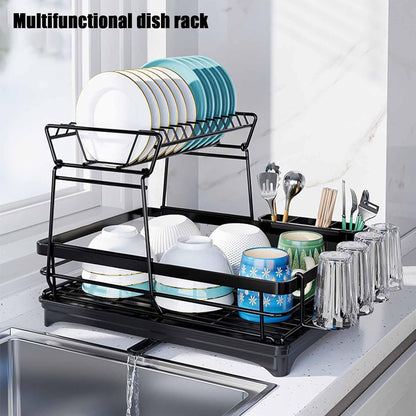 CARLA HOME 2-Tier Dish Drying Rack for Kitchen Counter with Drainboard, Utensil Holder, Cup Rack & Cutlery V178-36250