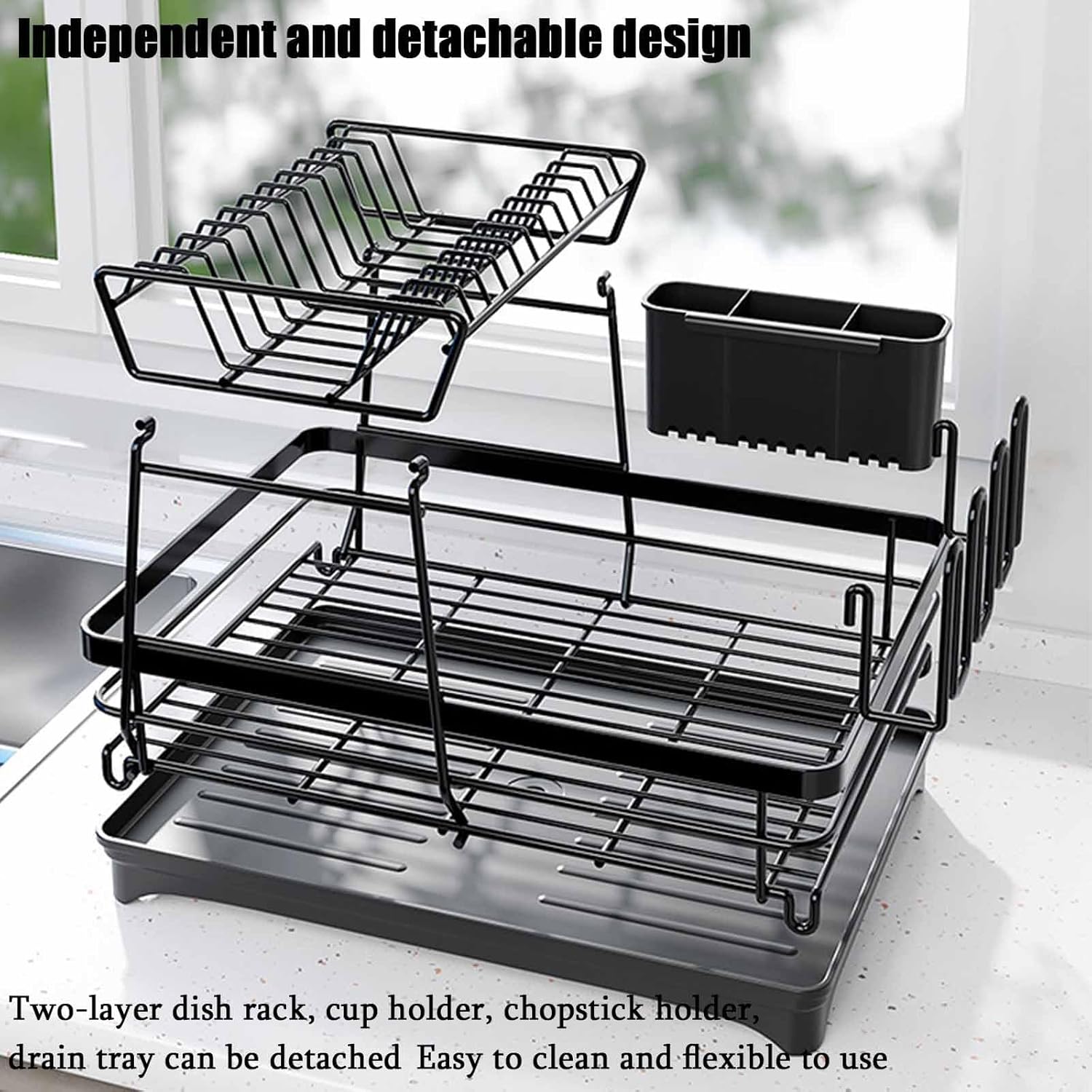 CARLA HOME 2-Tier Dish Drying Rack for Kitchen Counter with Drainboard, Utensil Holder, Cup Rack & Cutlery V178-36250