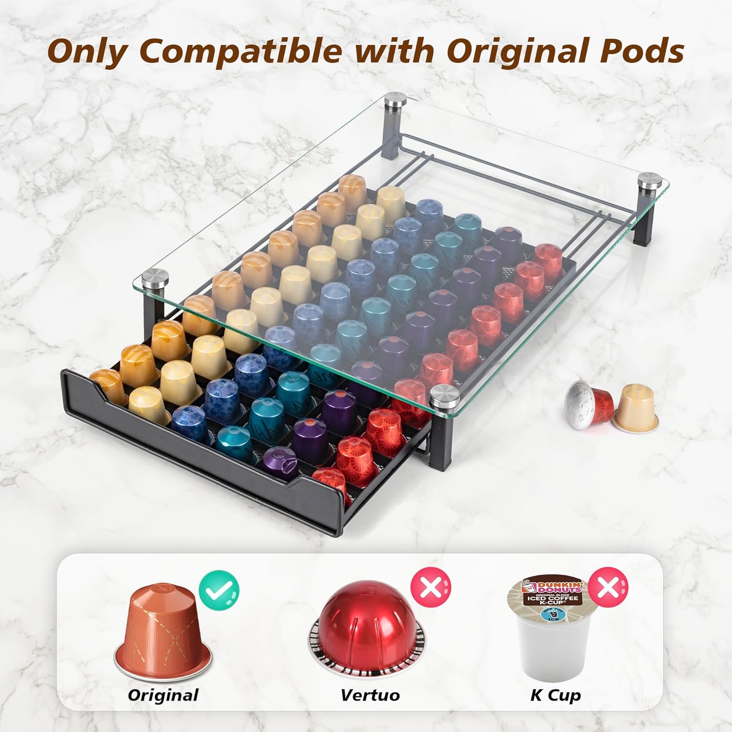 CARLA HOME 60 Coffee Pod Holder Drawer with Tempered Glass Capsule Organizer for Nespresso Pods and Sliding V178-36251