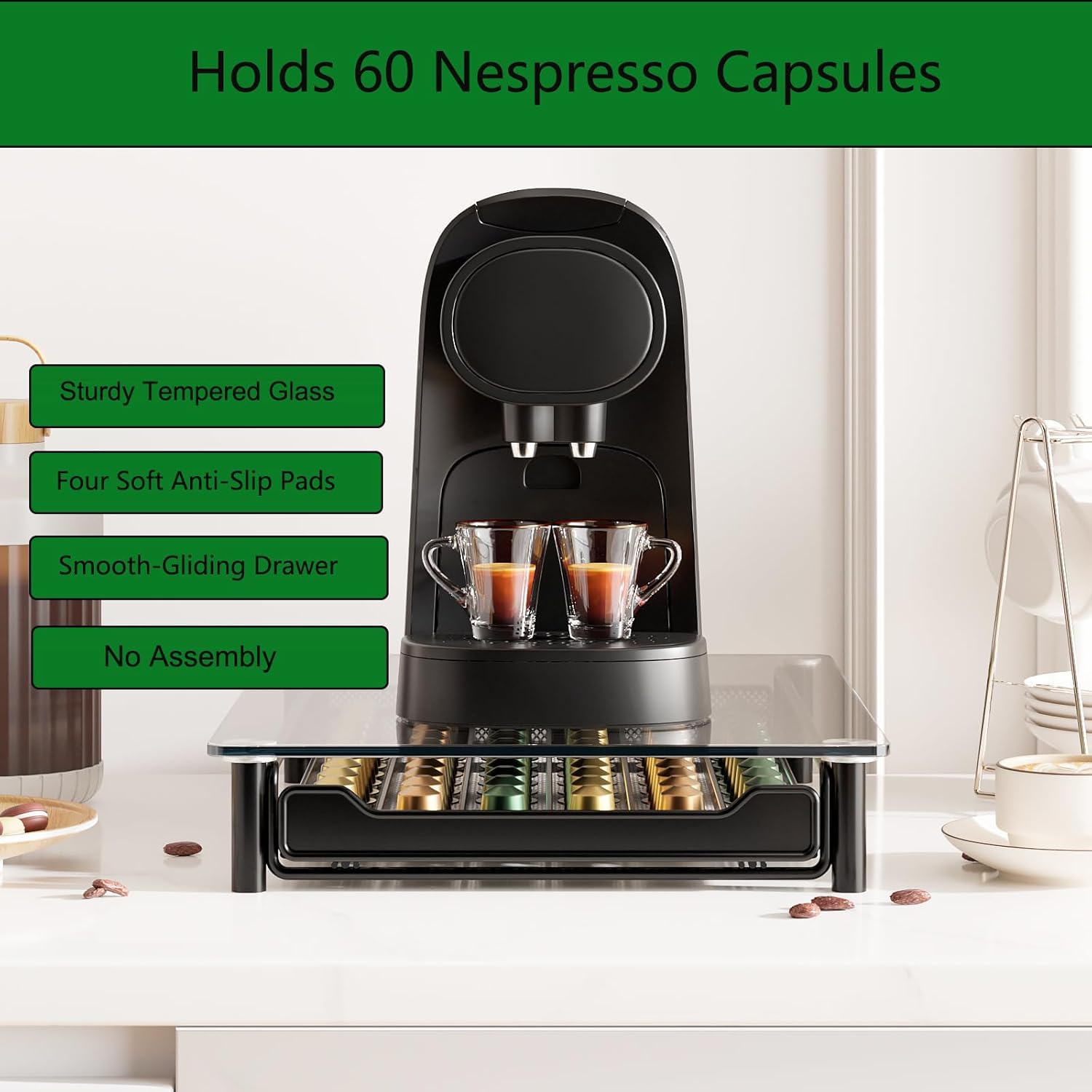 CARLA HOME 60 Coffee Pod Holder Drawer with Tempered Glass Capsule Organizer for Nespresso Pods and Sliding V178-36251