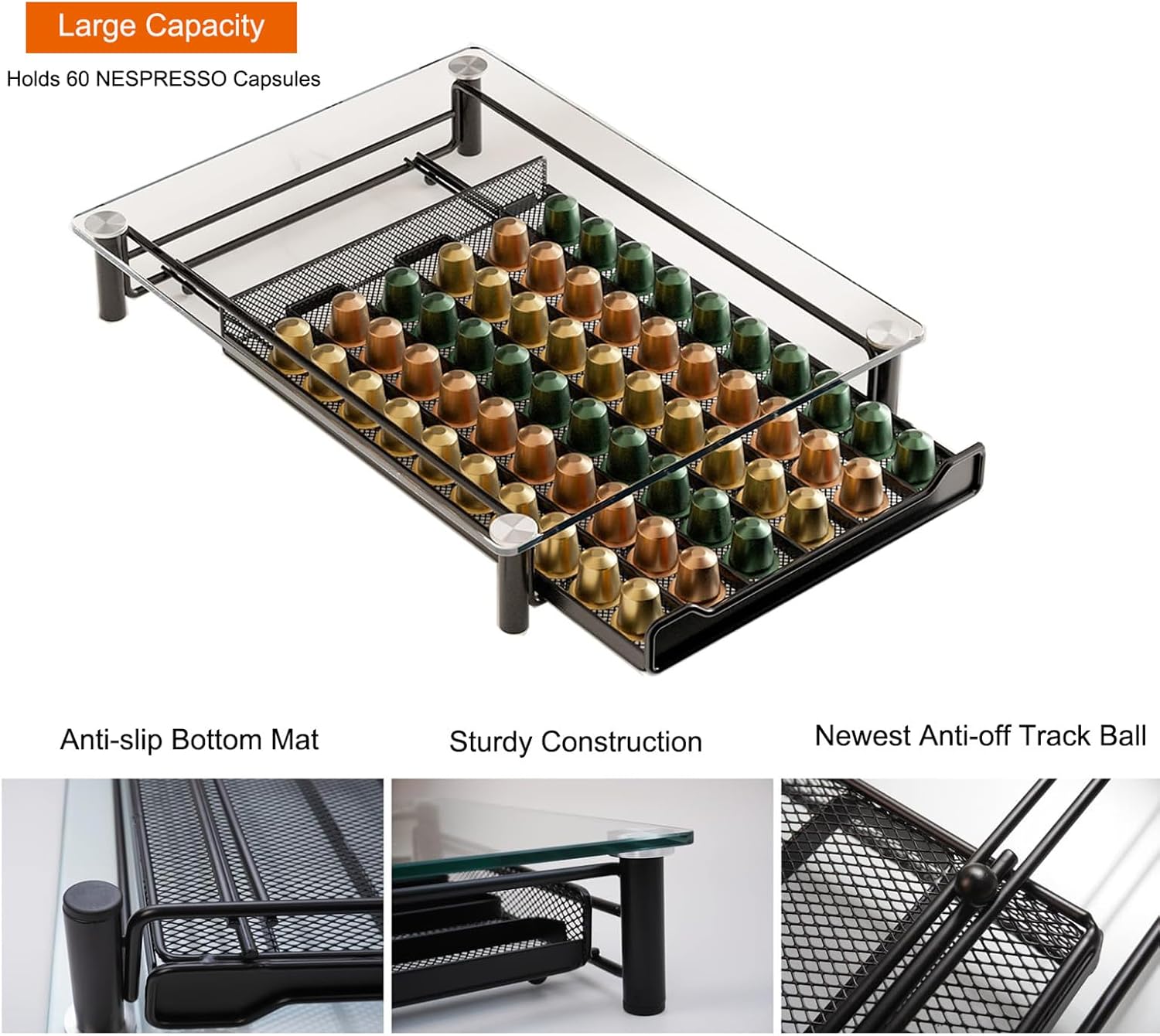 CARLA HOME 60 Coffee Pod Holder Drawer with Tempered Glass Capsule Organizer for Nespresso Pods and Sliding V178-36251