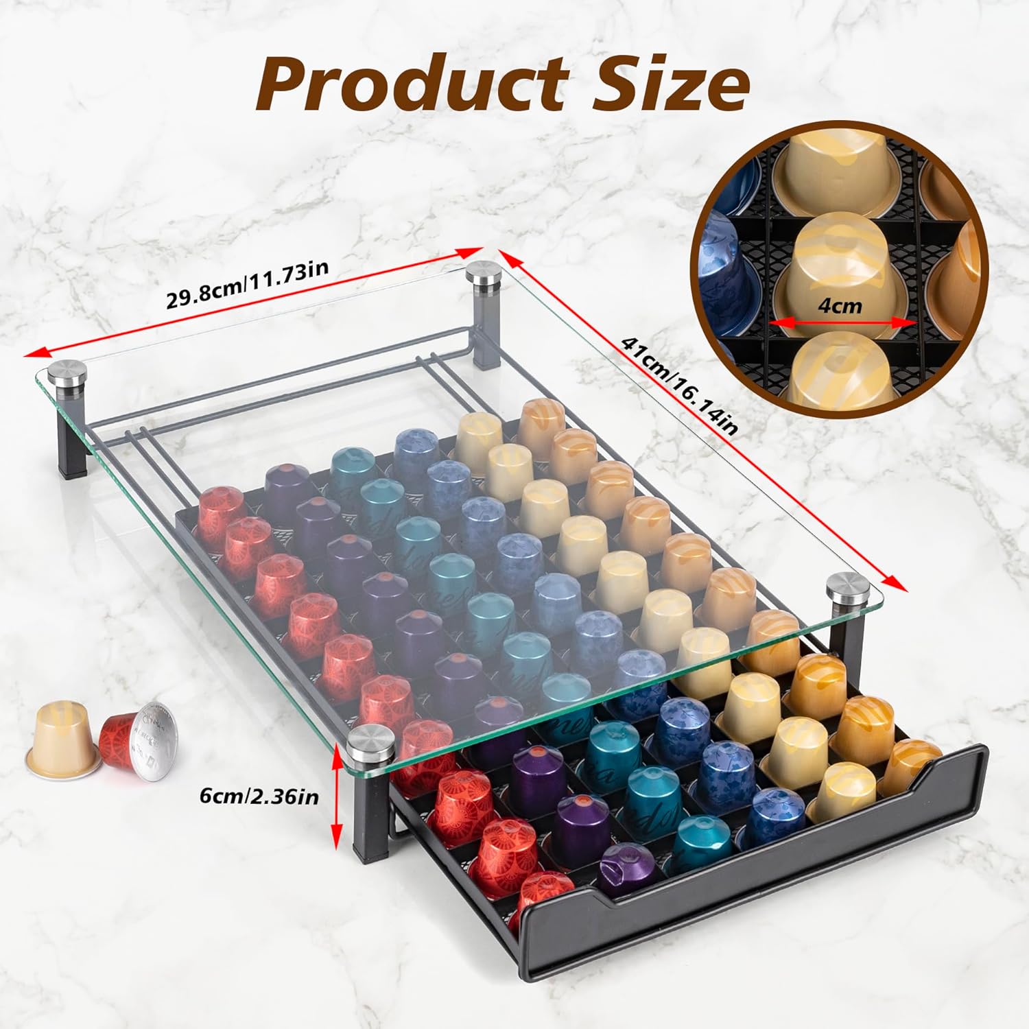 CARLA HOME 60 Coffee Pod Holder Drawer with Tempered Glass Capsule Organizer for Nespresso Pods and Sliding V178-36251