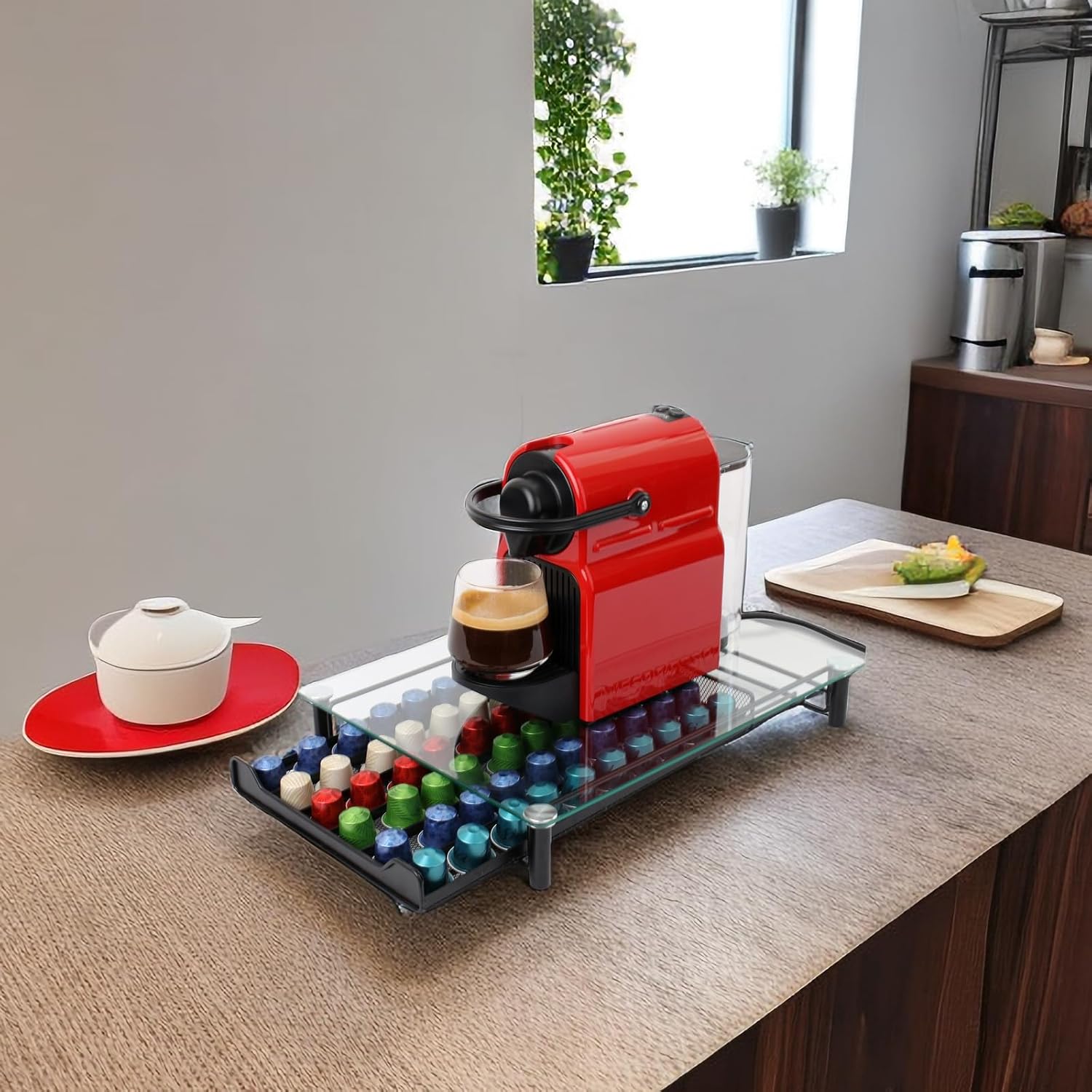 CARLA HOME 60 Coffee Pod Holder Drawer with Tempered Glass Capsule Organizer for Nespresso Pods and Sliding V178-36251