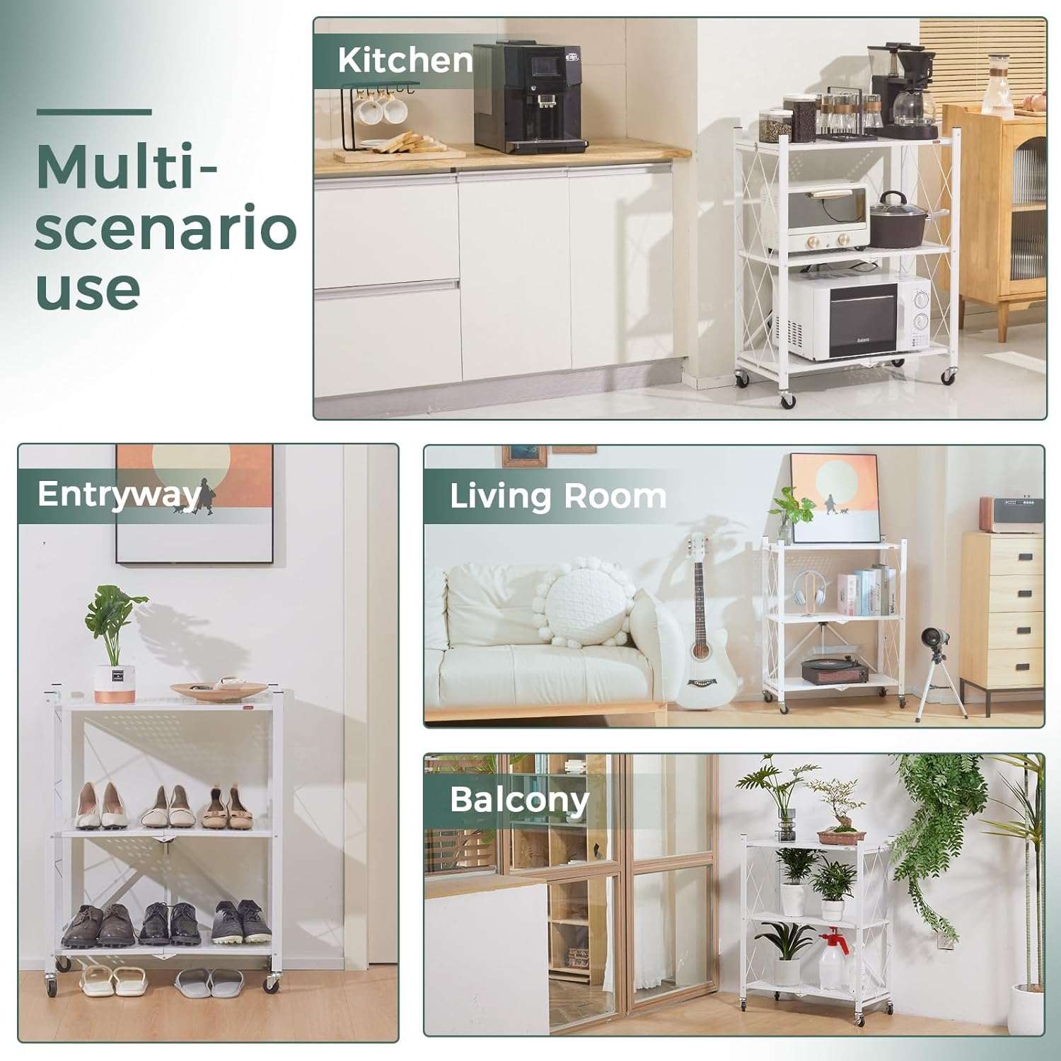 CARLA HOME 3-Tier Foldable Storage Shelf with Wheels for Kitchen, Garage, Pantry or Basement (White) V178-36253