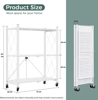 CARLA HOME 3-Tier Foldable Storage Shelf with Wheels for Kitchen, Garage, Pantry or Basement (White) V178-36253