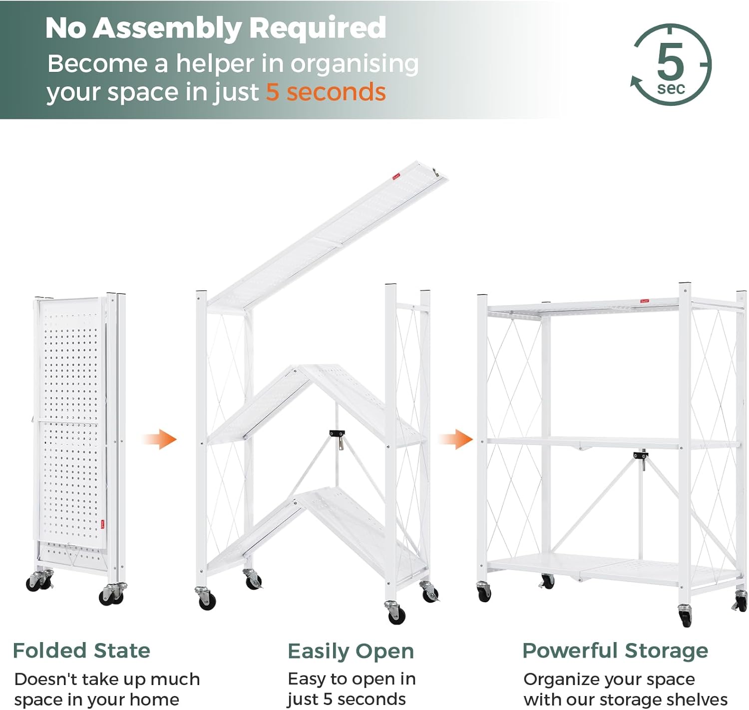 CARLA HOME 3-Tier Foldable Storage Shelf with Wheels for Kitchen, Garage, Pantry or Basement (White) V178-36253