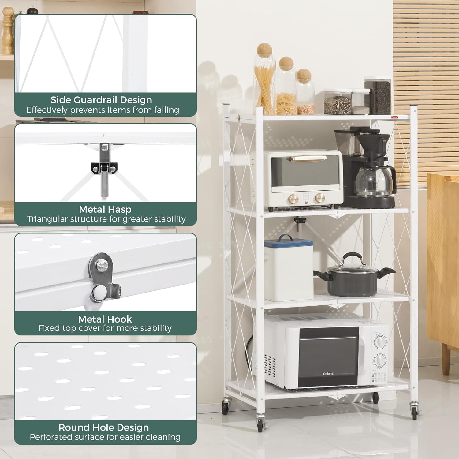 CARLA HOME 3-Tier Foldable Storage Shelf with Wheels for Kitchen, Garage, Pantry or Basement (White) V178-36253
