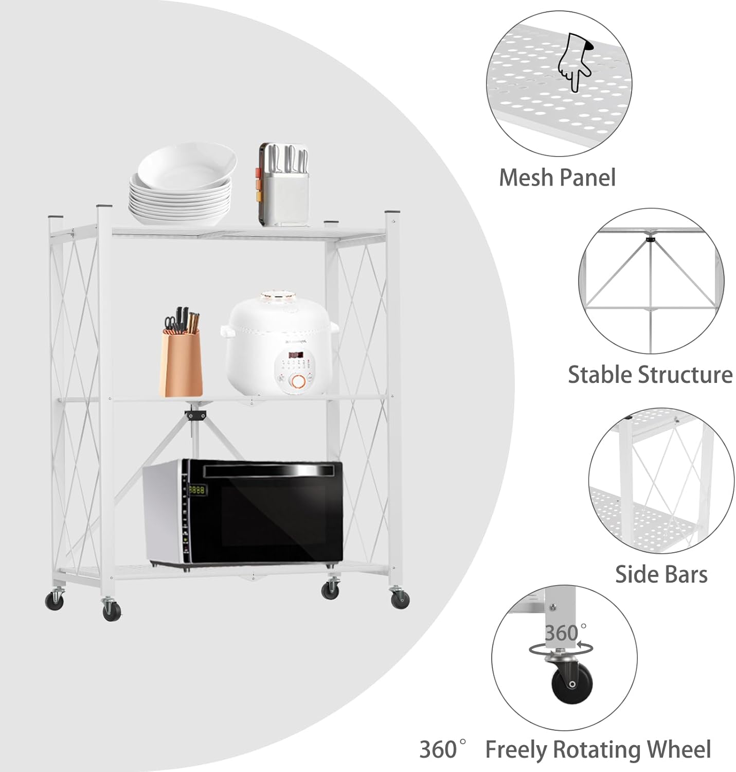 CARLA HOME 3-Tier Foldable Storage Shelf with Wheels for Kitchen, Garage, Pantry or Basement (White) V178-36253