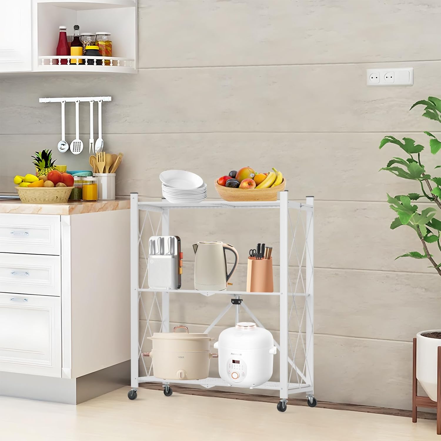 CARLA HOME 3-Tier Foldable Storage Shelf with Wheels for Kitchen, Garage, Pantry or Basement (White) V178-36253