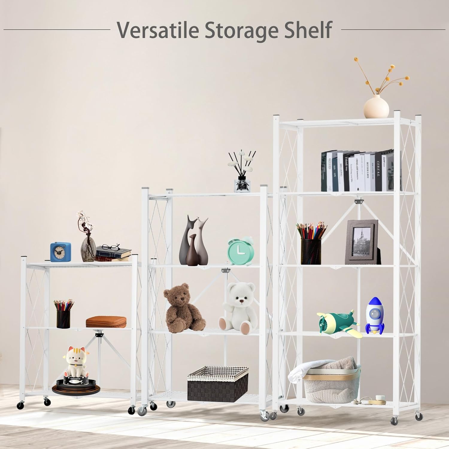 CARLA HOME 3-Tier Foldable Storage Shelf with Wheels for Kitchen, Garage, Pantry or Basement (White) V178-36253