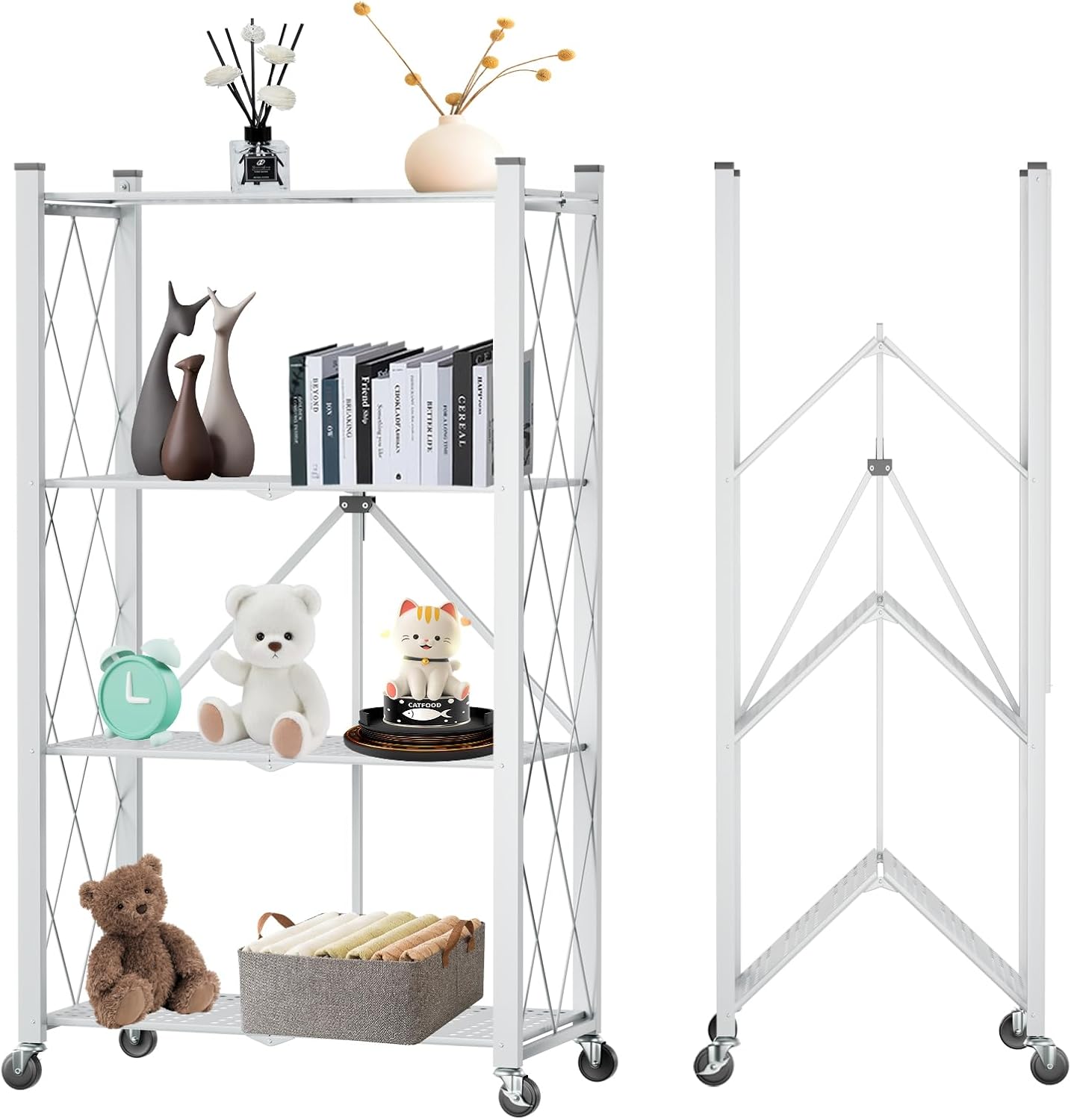 CARLA HOME 4-Tier Foldable Storage Shelf with Wheels for Kitchen, Garage, Pantry or Basement (White) V178-36254