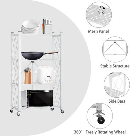 CARLA HOME 4-Tier Foldable Storage Shelf with Wheels for Kitchen, Garage, Pantry or Basement (White) V178-36254