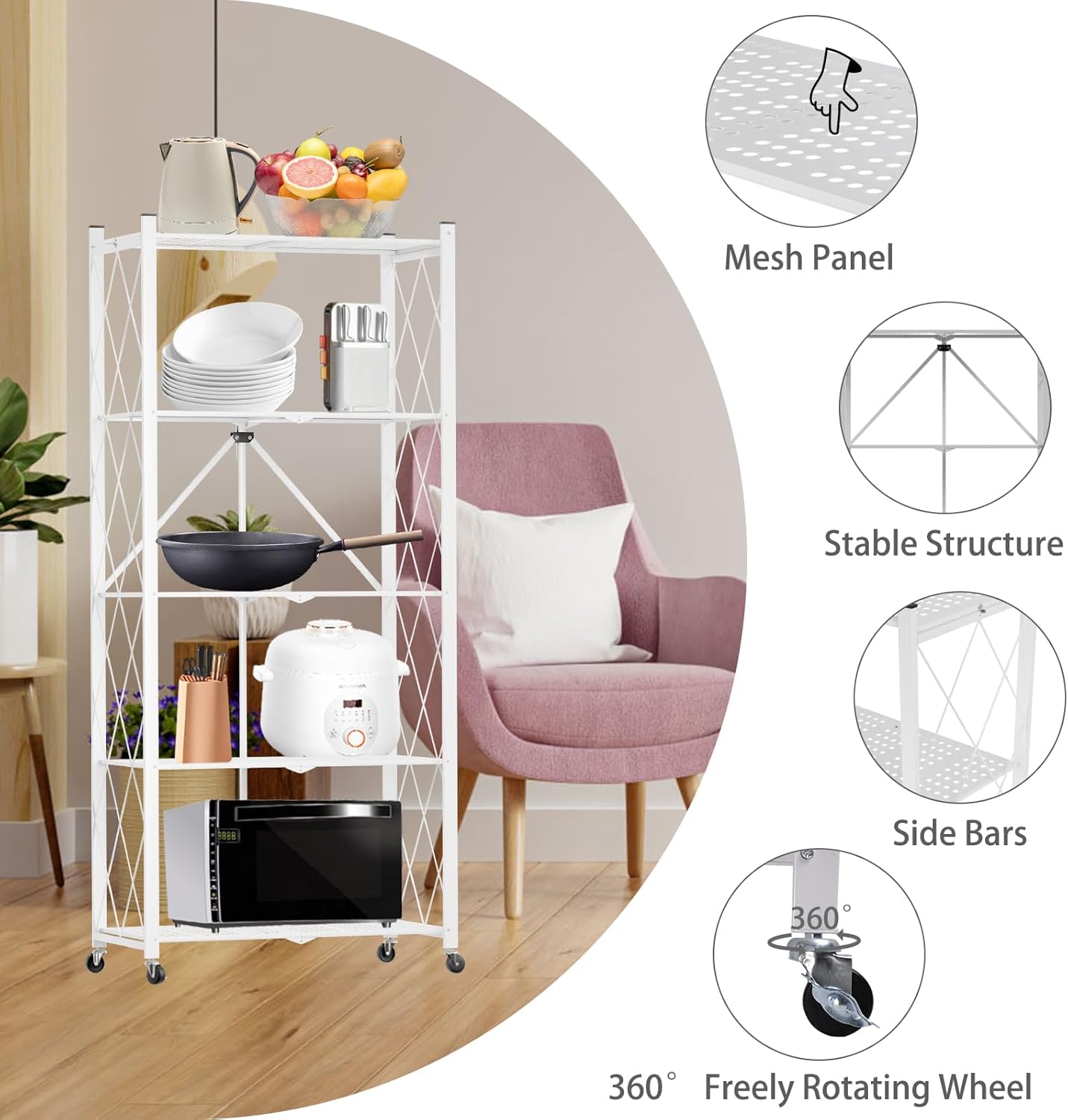 CARLA HOME 5-Tier Foldable Storage Shelf with Wheels for Kitchen, Garage, Pantry or Basement (White) V178-36255