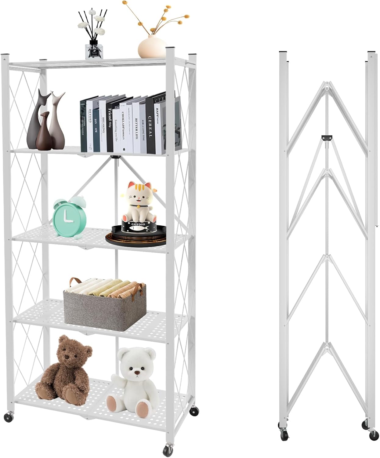 CARLA HOME 5-Tier Foldable Storage Shelf with Wheels for Kitchen, Garage, Pantry or Basement (White) V178-36255