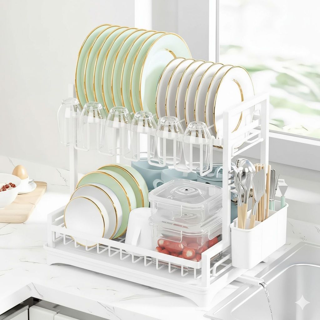 CARLA HOME Dish Drying Rack 2-Tier Kitchen Drainer with Drainboard (White) V178-36256