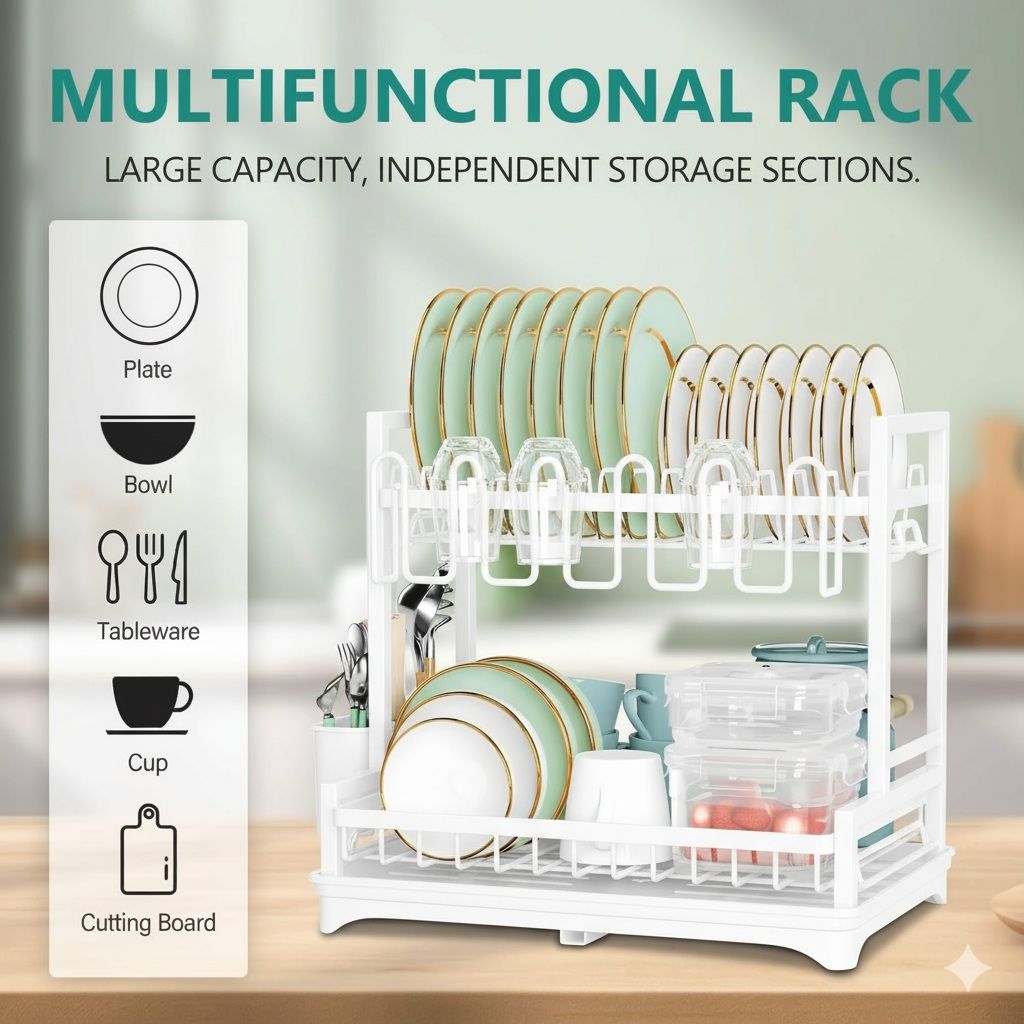 CARLA HOME Dish Drying Rack 2-Tier Kitchen Drainer with Drainboard (White) V178-36256