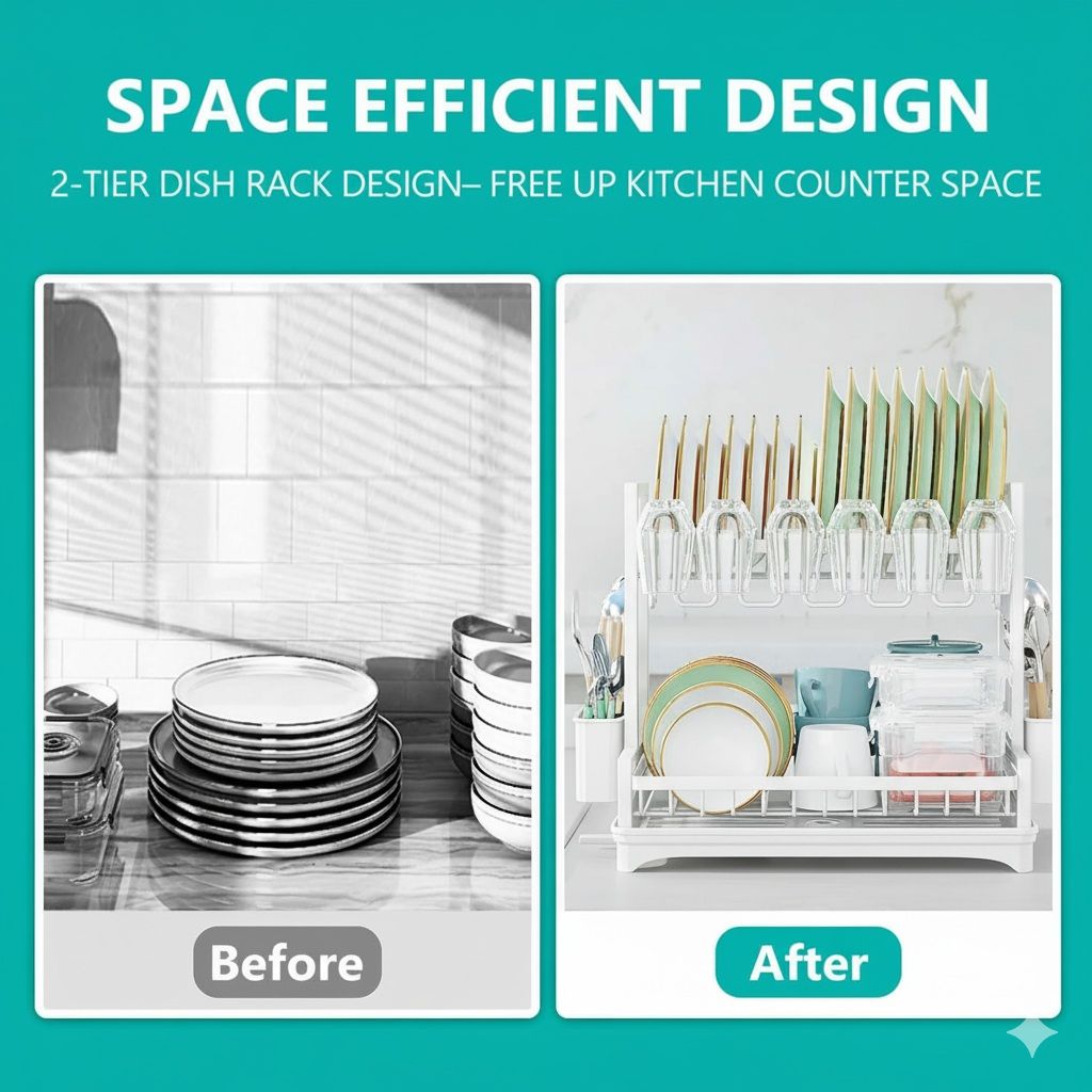 CARLA HOME Dish Drying Rack 2-Tier Kitchen Drainer with Drainboard (White) V178-36256