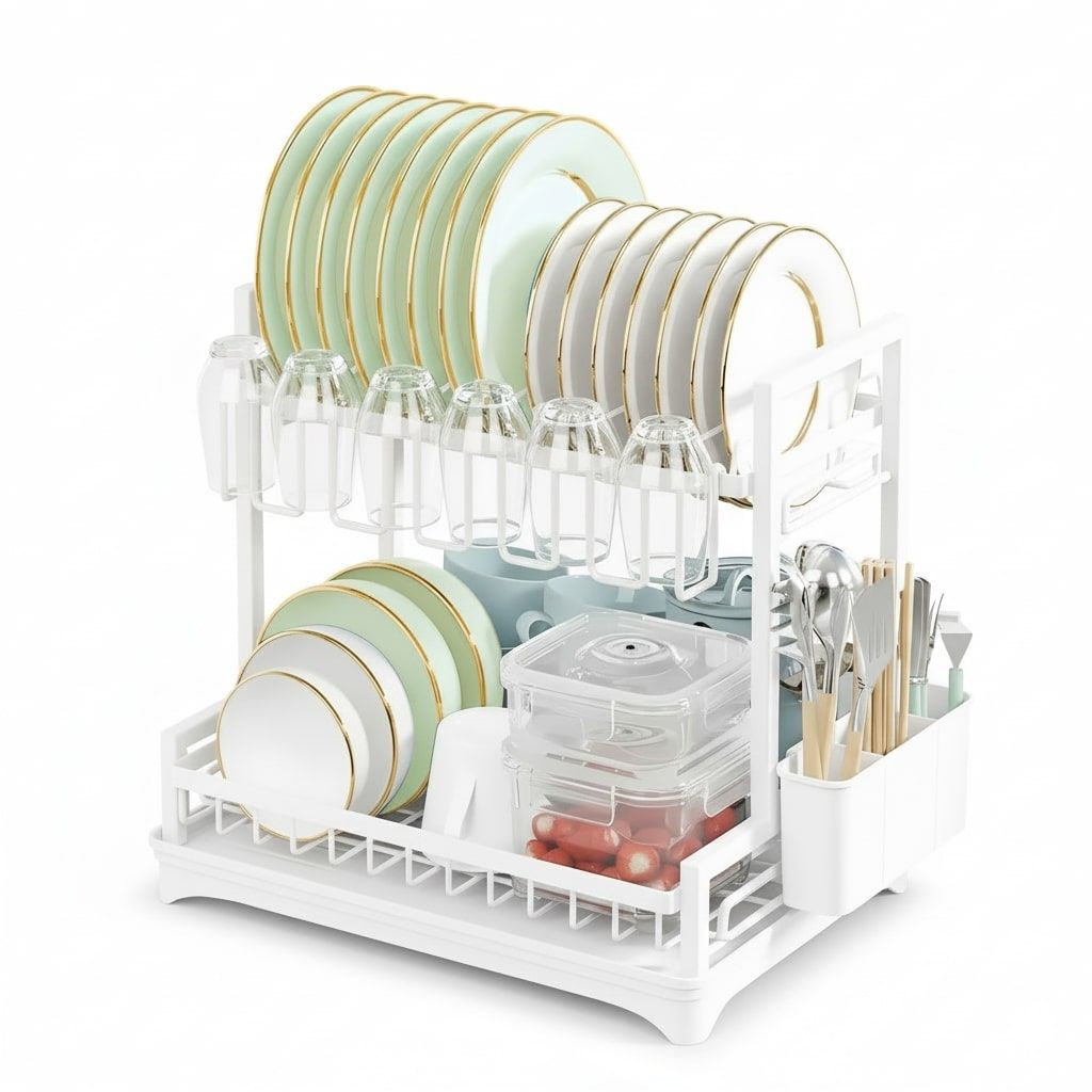 CARLA HOME Dish Drying Rack 2-Tier Kitchen Drainer with Drainboard (White) V178-36256
