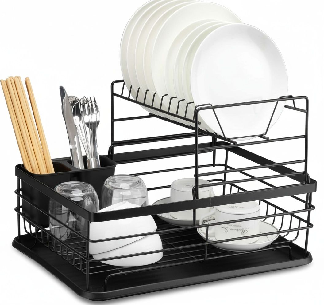 CARLA HOME 2-Tier Dish Drying Rack for Kitchen Counter with Removable Drip Tray, Utensil Holder and Cutlery V178-36257