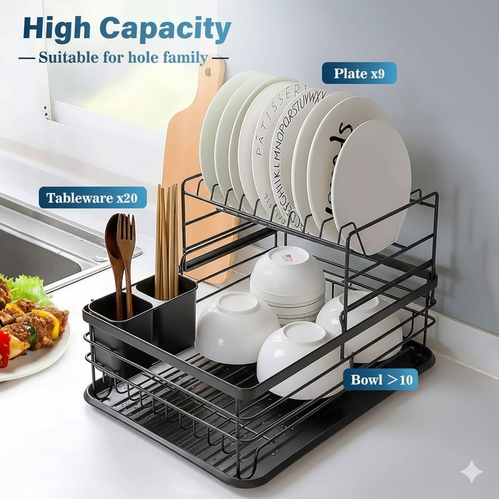 CARLA HOME 2-Tier Dish Drying Rack for Kitchen Counter with Removable Drip Tray, Utensil Holder and Cutlery V178-36257