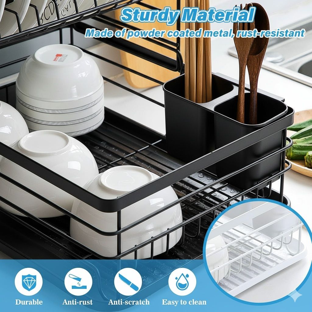 CARLA HOME 2-Tier Dish Drying Rack for Kitchen Counter with Removable Drip Tray, Utensil Holder and Cutlery V178-36257