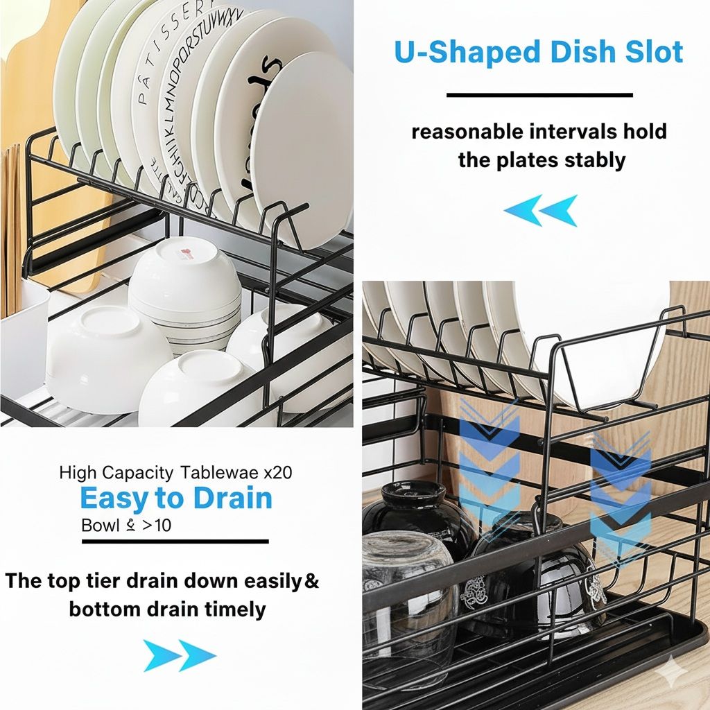 CARLA HOME 2-Tier Dish Drying Rack for Kitchen Counter with Removable Drip Tray, Utensil Holder and Cutlery V178-36257