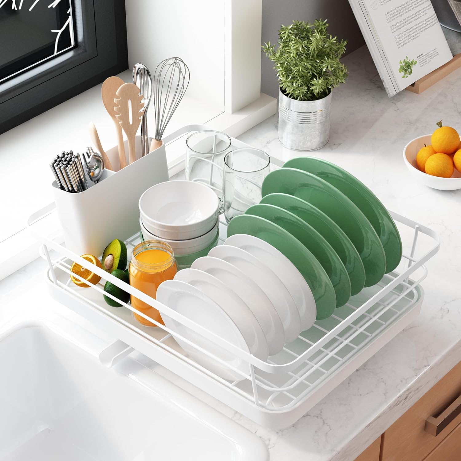 CARLA HOME Dish Drying Rack for Kitchen Counter with Removable Drip Tray, Utensil Holder and Cutlery Organizer V178-36258