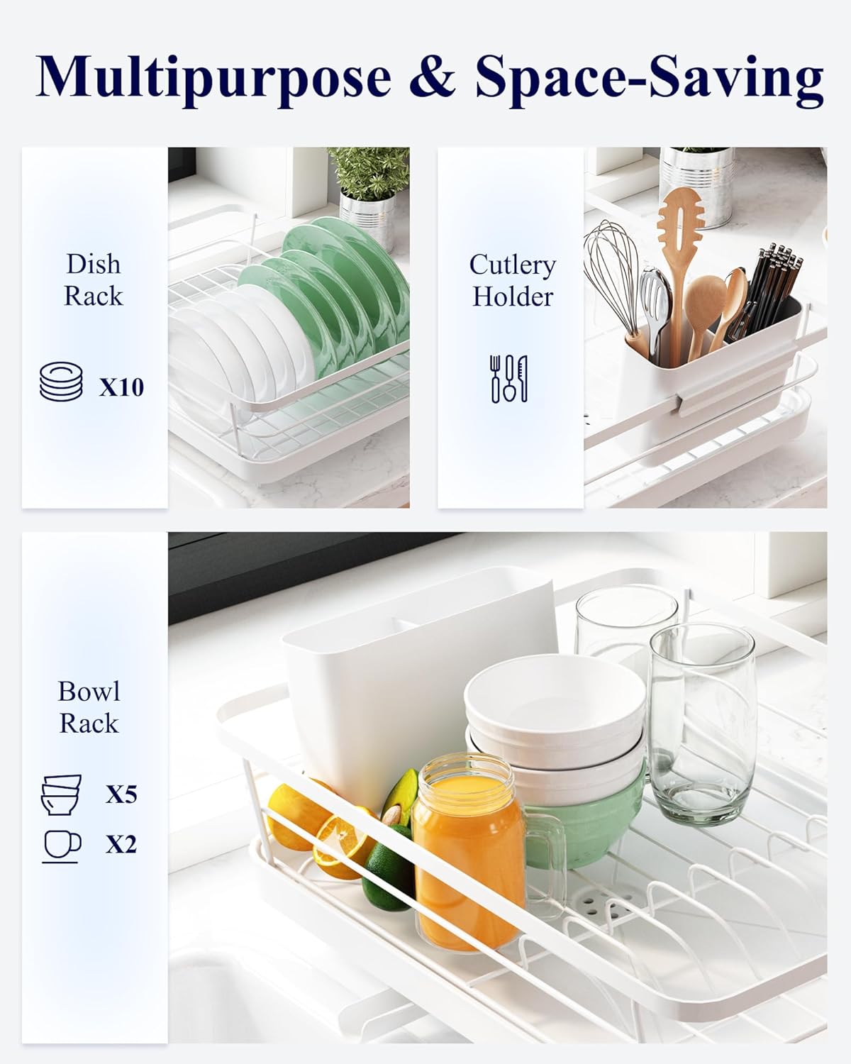 CARLA HOME Dish Drying Rack for Kitchen Counter with Removable Drip Tray, Utensil Holder and Cutlery Organizer V178-36258