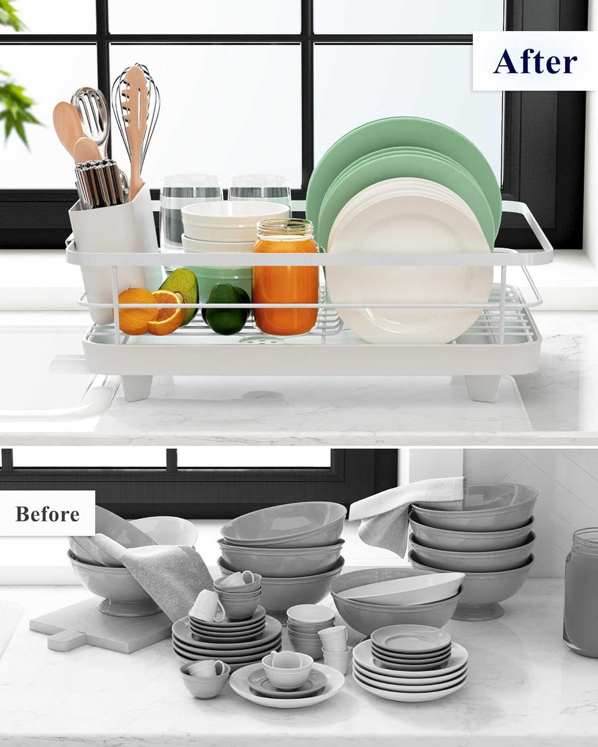 CARLA HOME Dish Drying Rack for Kitchen Counter with Removable Drip Tray, Utensil Holder and Cutlery Organizer V178-36258