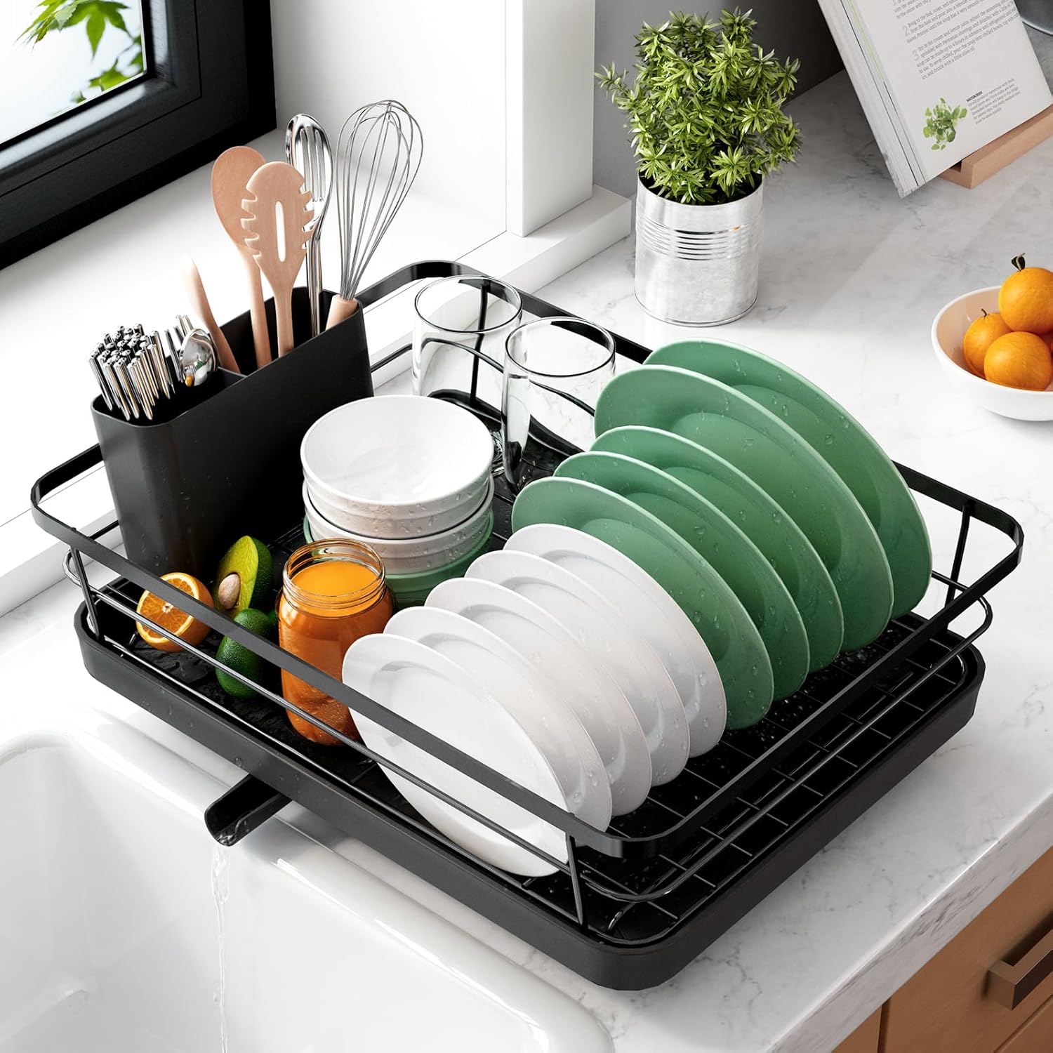 CARLA HOME Dish Drying Rack for Kitchen Counter with Removable Drip Tray, Utensil Holder and Cutlery Organizer V178-36260