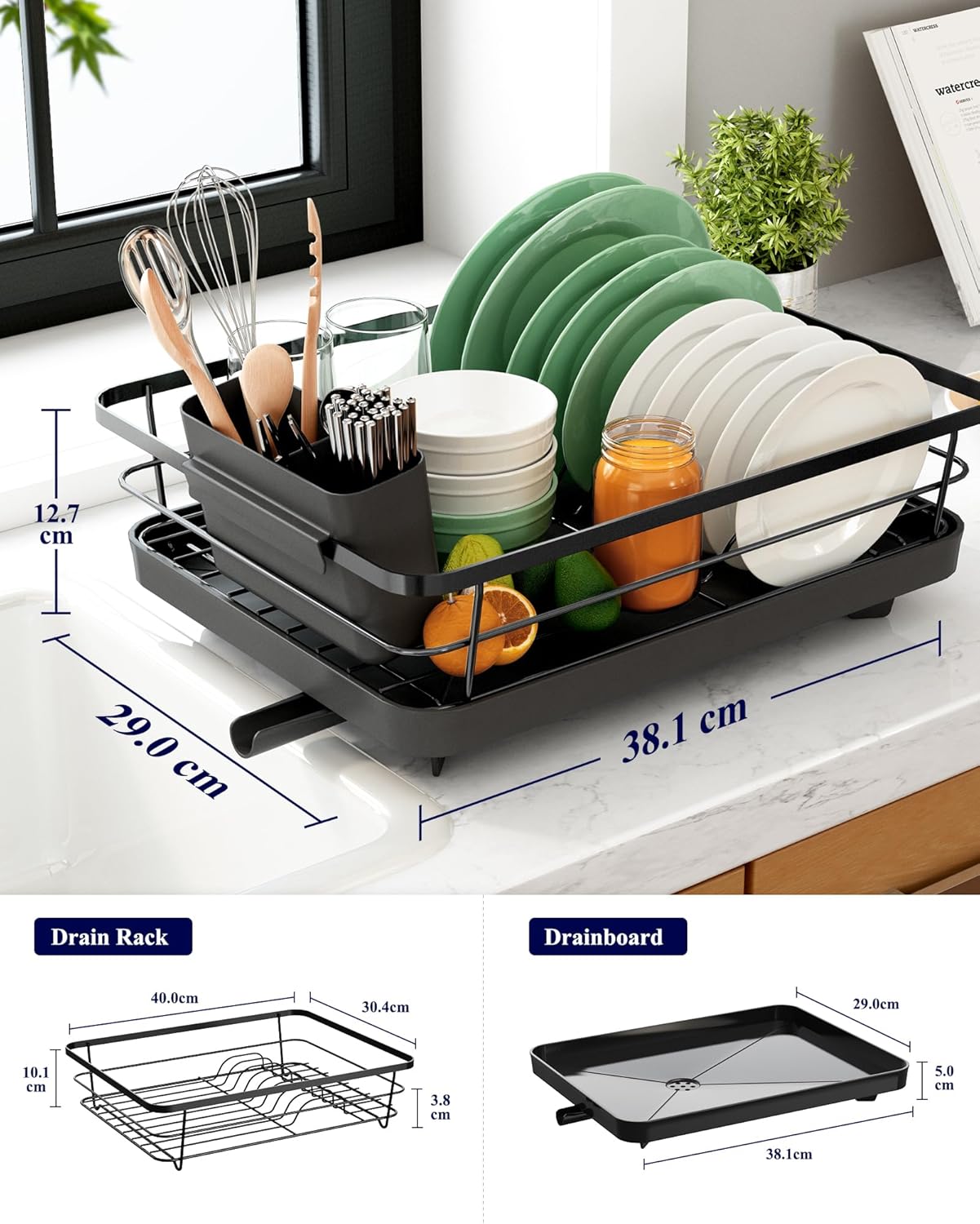 CARLA HOME Dish Drying Rack for Kitchen Counter with Removable Drip Tray, Utensil Holder and Cutlery Organizer V178-36260
