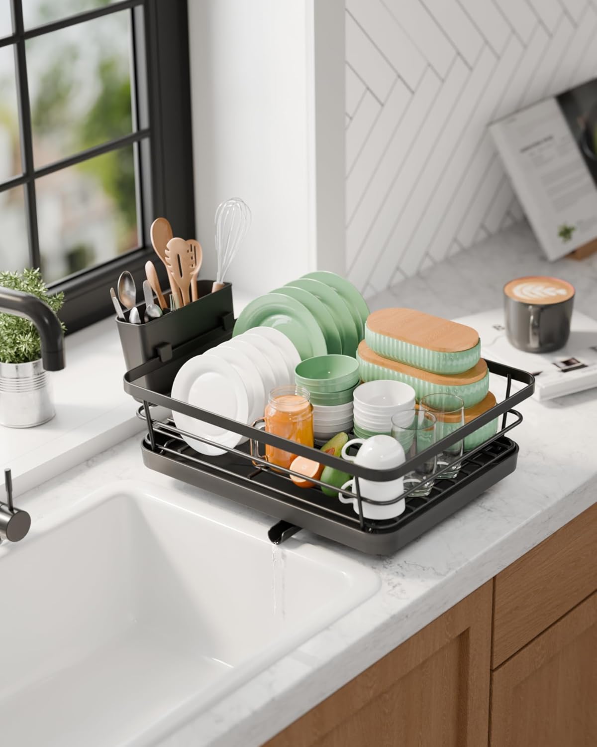 CARLA HOME Dish Drying Rack for Kitchen Counter with Removable Drip Tray, Utensil Holder and Cutlery Organizer V178-36260