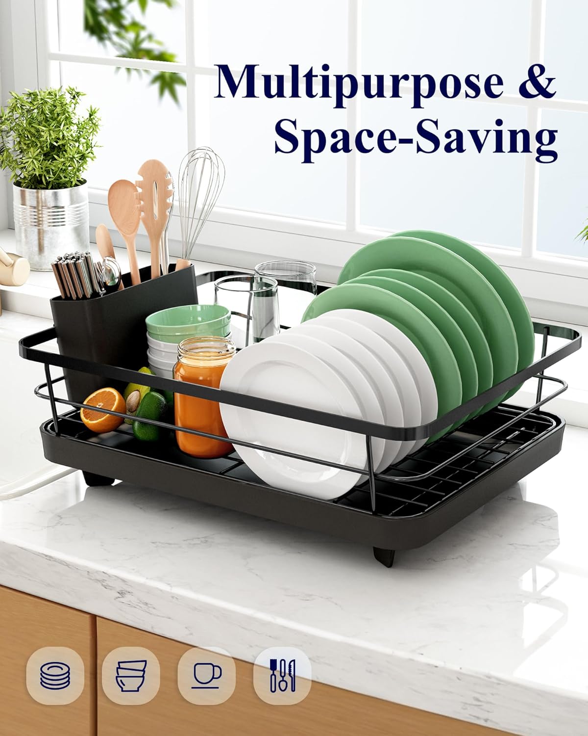 CARLA HOME Dish Drying Rack for Kitchen Counter with Removable Drip Tray, Utensil Holder and Cutlery Organizer V178-36260