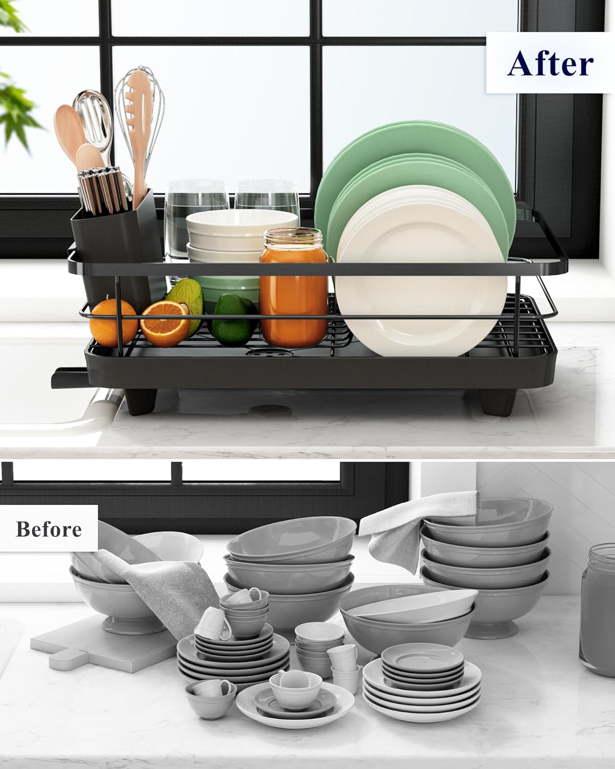 CARLA HOME Dish Drying Rack for Kitchen Counter with Removable Drip Tray, Utensil Holder and Cutlery Organizer V178-36260