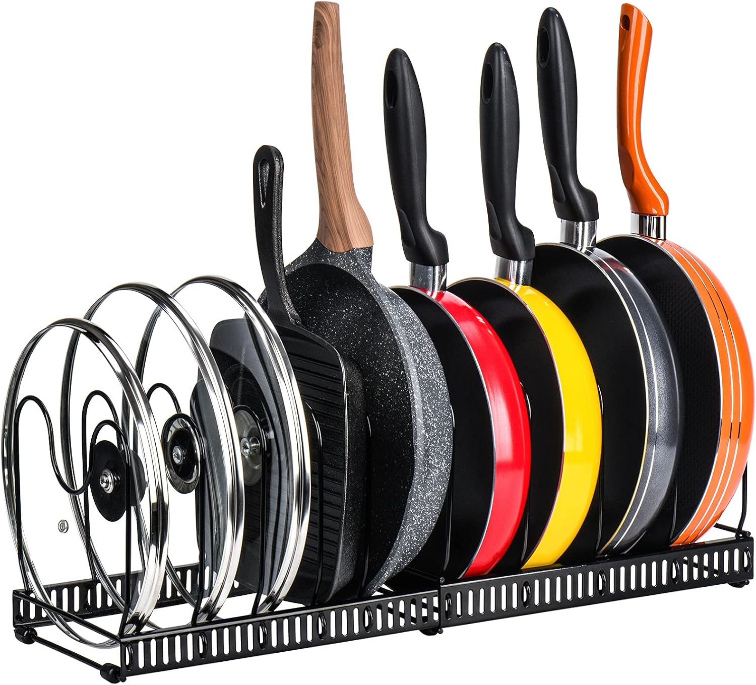 CARLA HOME Expandable Pot and Pan Organizer Rack for Cabinet with 10 Adjustable Dividers, Lid & Cookware V178-36261