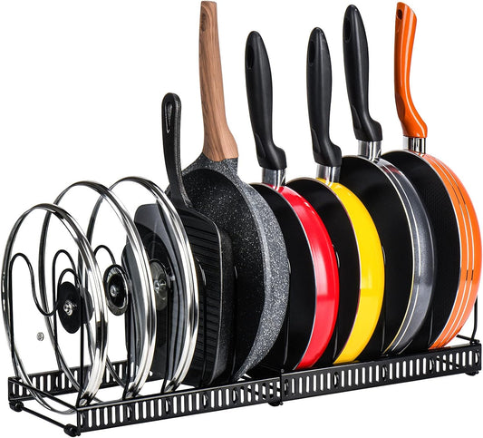 CARLA HOME Expandable Pot and Pan Organizer Rack for Cabinet with 10 Adjustable Dividers, Lid & Cookware V178-36261