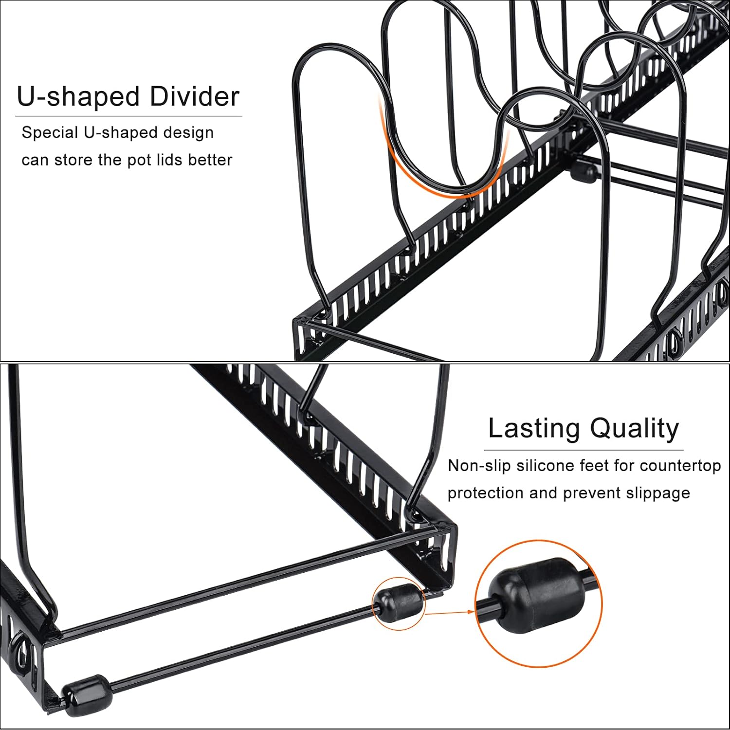 CARLA HOME Expandable Pot and Pan Organizer Rack for Cabinet with 10 Adjustable Dividers, Lid & Cookware V178-36261