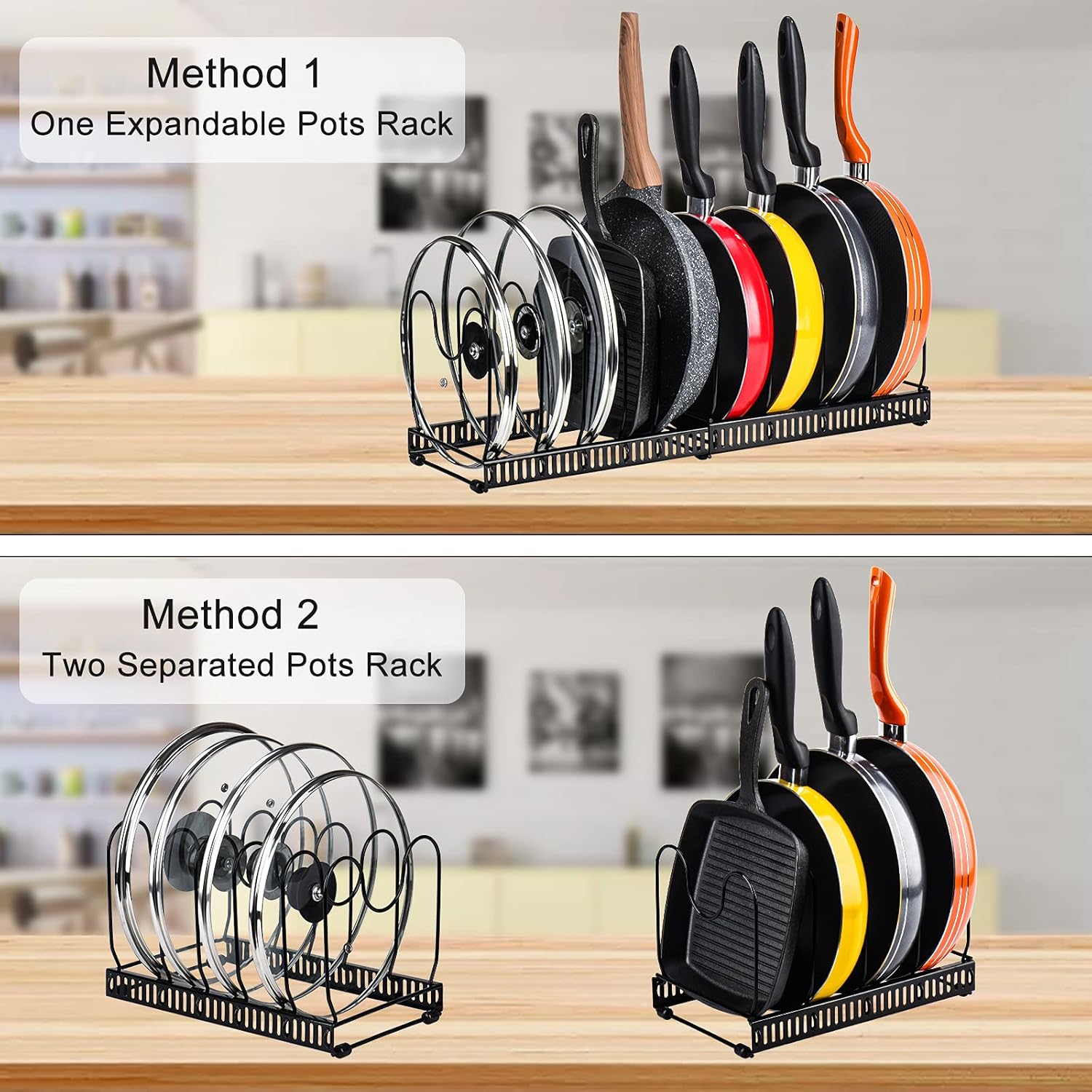 CARLA HOME Expandable Pot and Pan Organizer Rack for Cabinet with 10 Adjustable Dividers, Lid & Cookware V178-36261