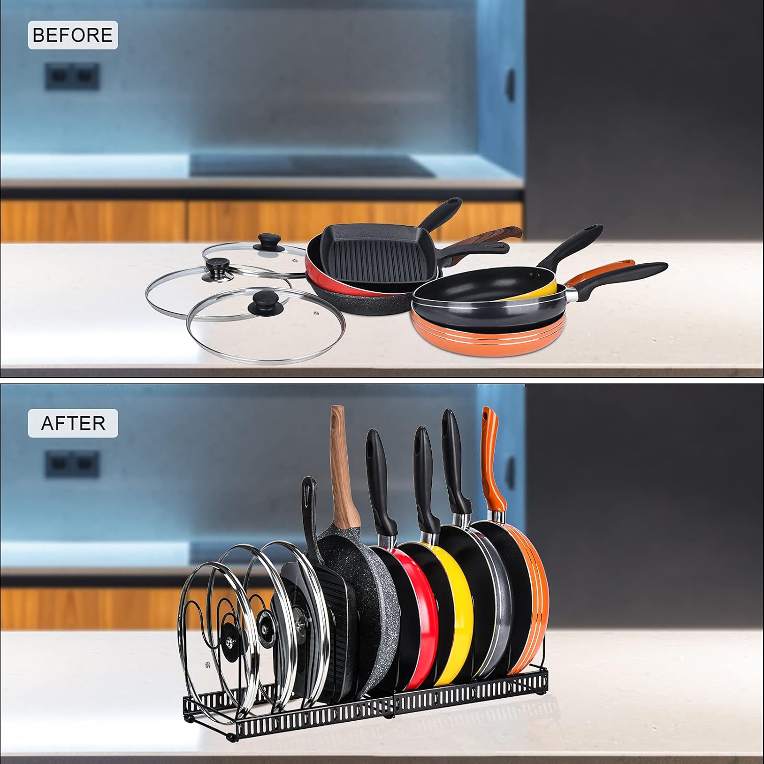 CARLA HOME Expandable Pot and Pan Organizer Rack for Cabinet with 10 Adjustable Dividers, Lid & Cookware V178-36261