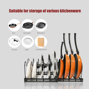 CARLA HOME Expandable Pot and Pan Organizer Rack for Cabinet with 10 Adjustable Dividers, Lid & Cookware V178-36261
