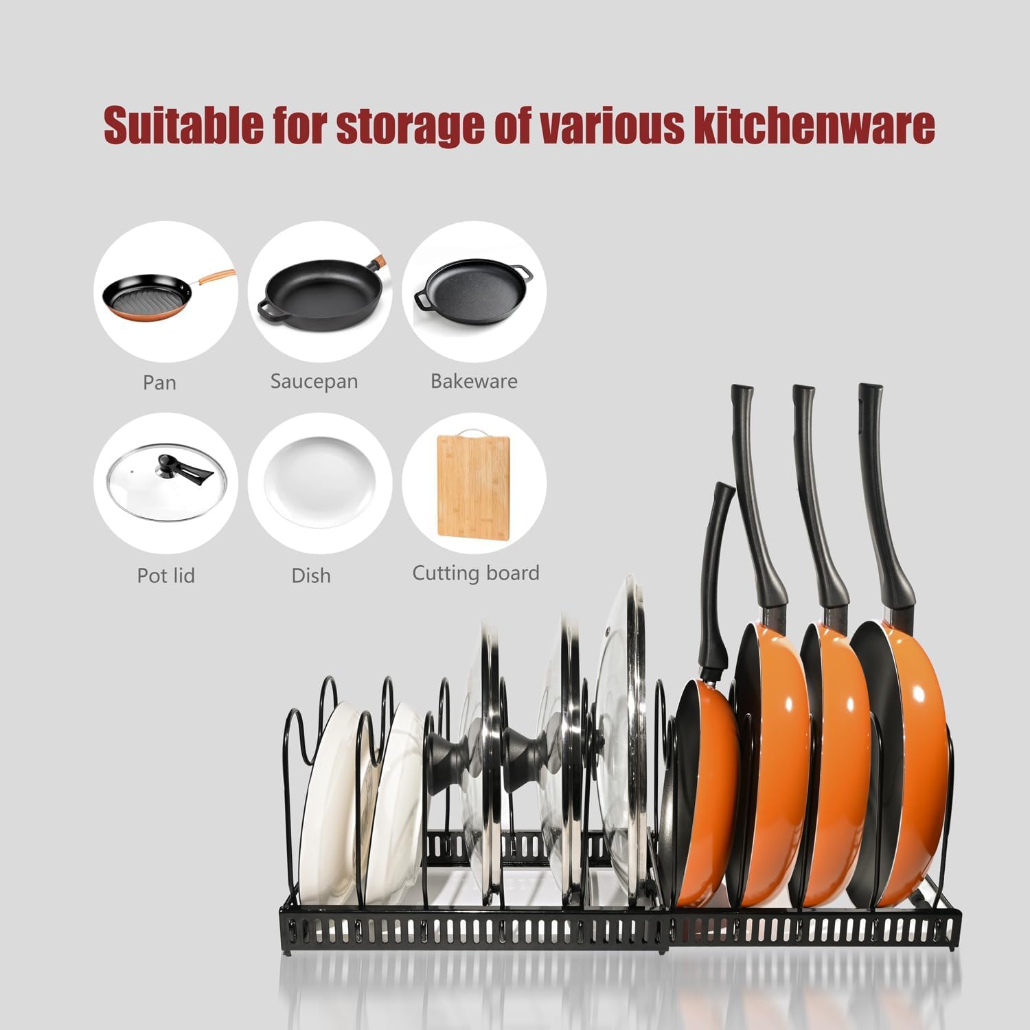 CARLA HOME Expandable Pot and Pan Organizer Rack for Cabinet with 10 Adjustable Dividers, Lid & Cookware V178-36261
