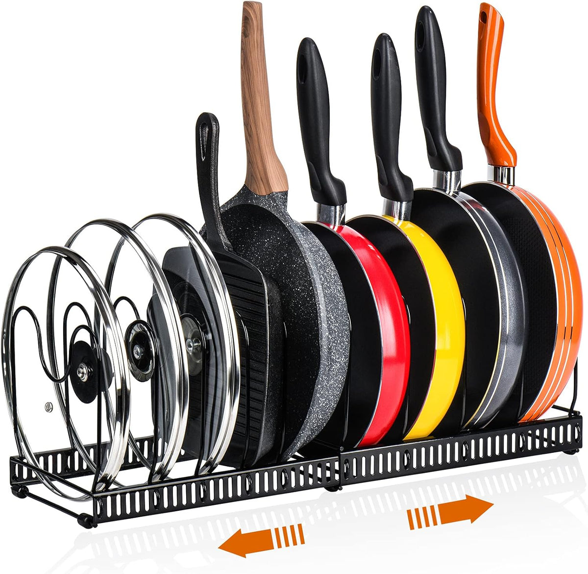CARLA HOME Expandable Pot and Pan Organizer Rack for Cabinet with 10 Adjustable Dividers, Lid & Cookware V178-36261