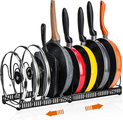 CARLA HOME Expandable Pot and Pan Organizer Rack for Cabinet with 10 Adjustable Dividers, Lid & Cookware V178-36261