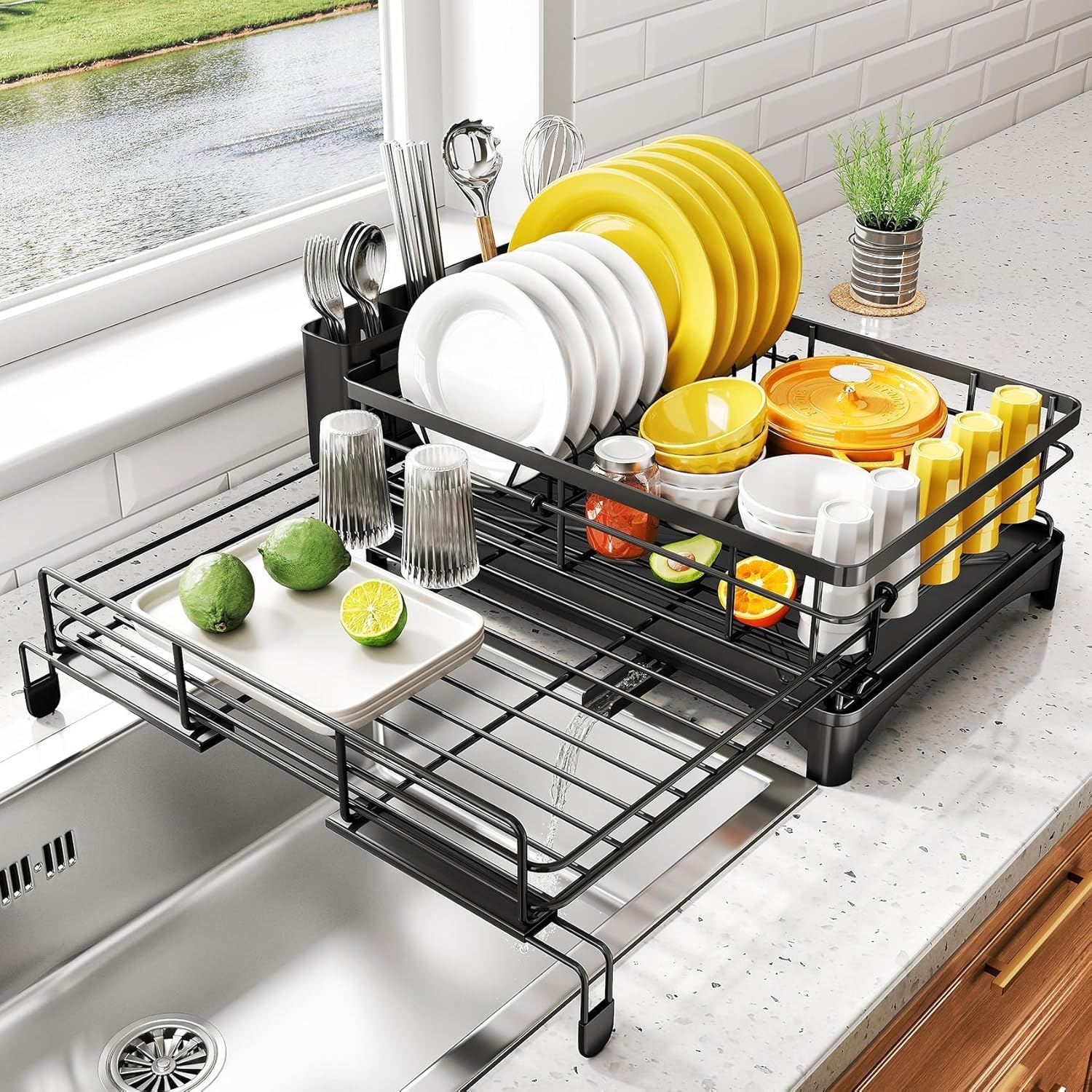CARLA HOME Expandable Dish Drying Rack with Drainage Spout, Utensil Holder & Drainboardfor Kitchen Countertop V178-36264