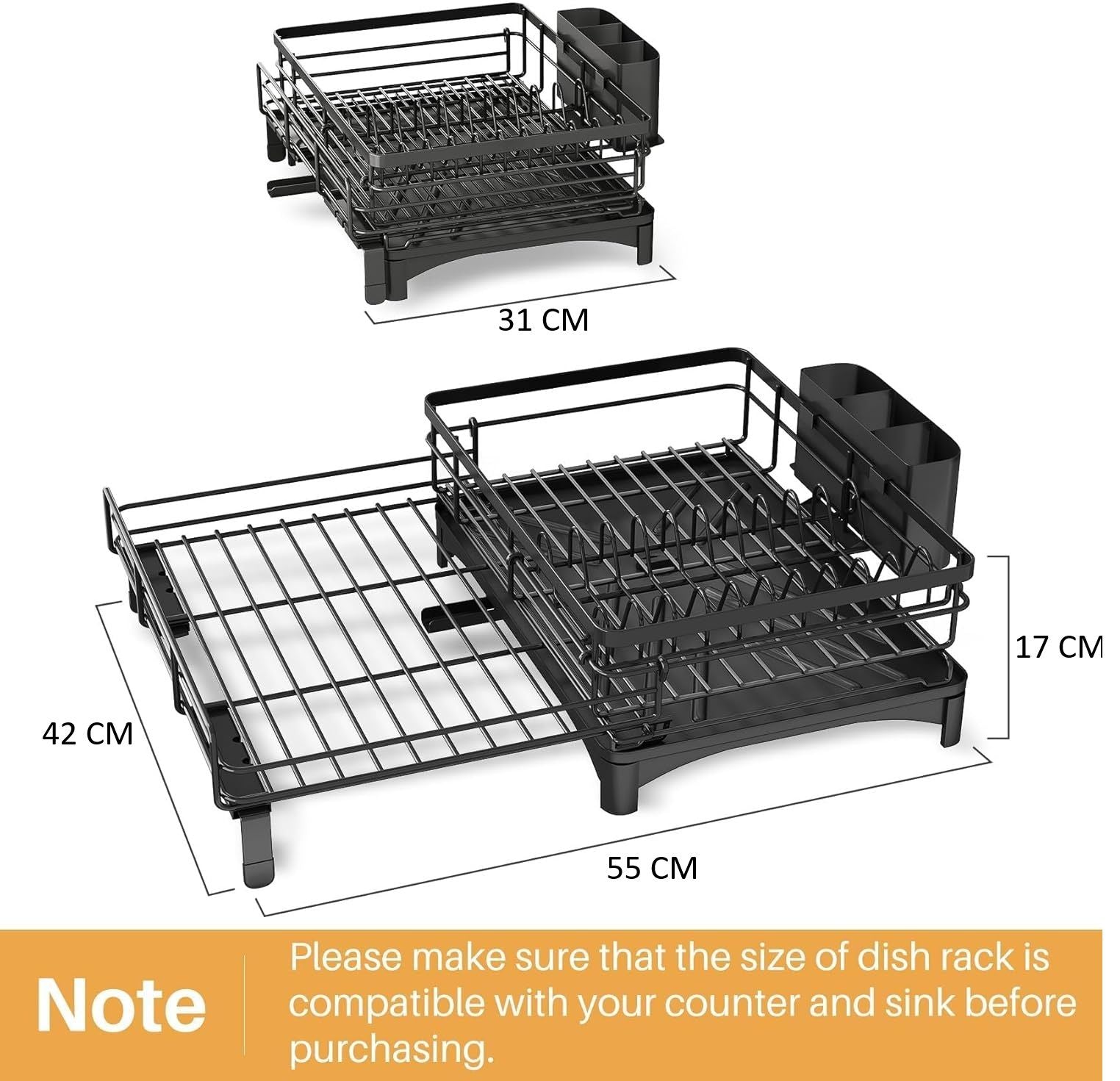 CARLA HOME Expandable Dish Drying Rack with Drainage Spout, Utensil Holder & Drainboardfor Kitchen Countertop V178-36264