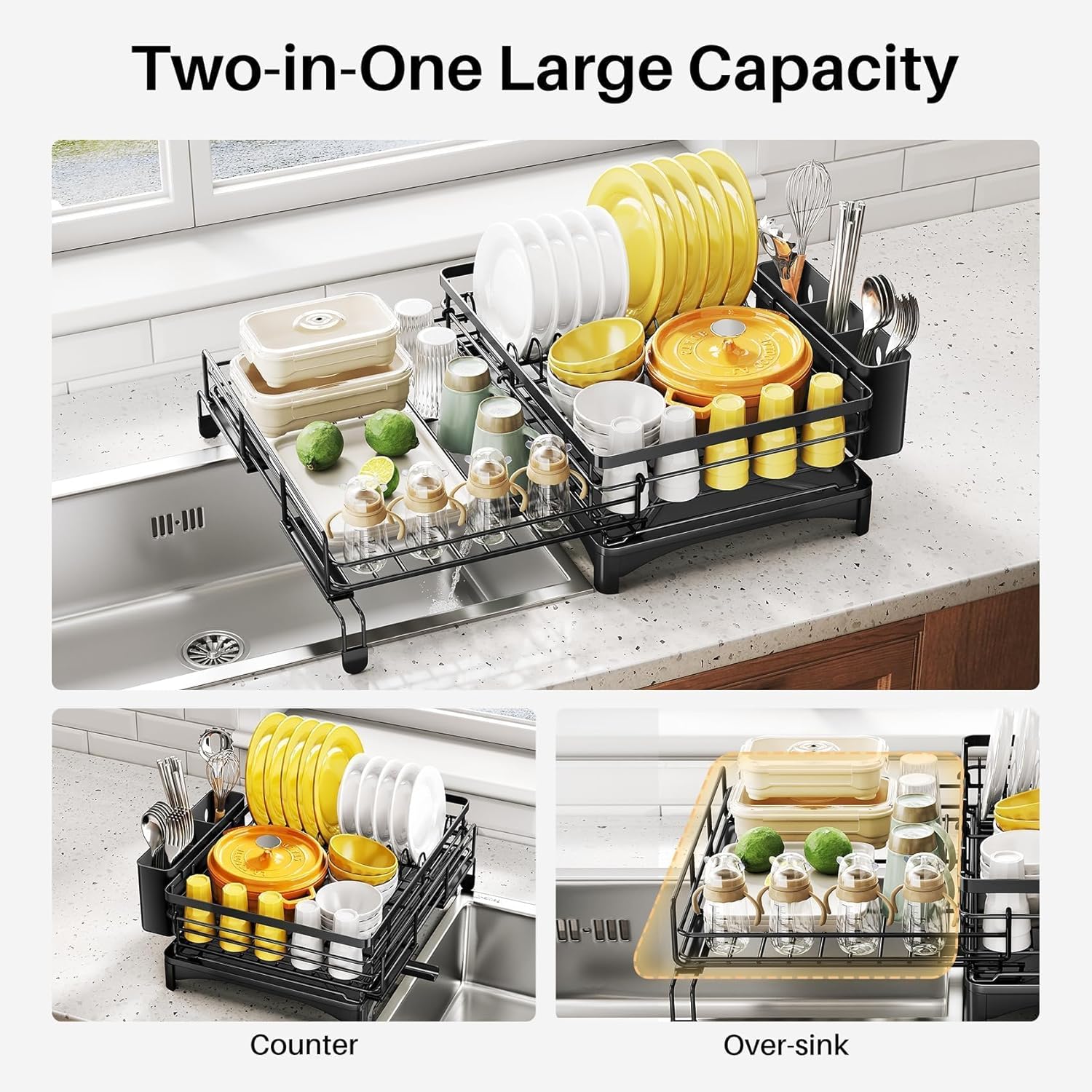 CARLA HOME Expandable Dish Drying Rack with Drainage Spout, Utensil Holder & Drainboardfor Kitchen Countertop V178-36264
