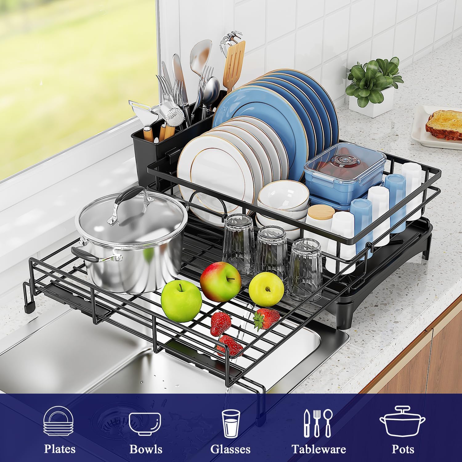 CARLA HOME Expandable Dish Drying Rack with Drainage Spout, Utensil Holder & Drainboardfor Kitchen Countertop V178-36264