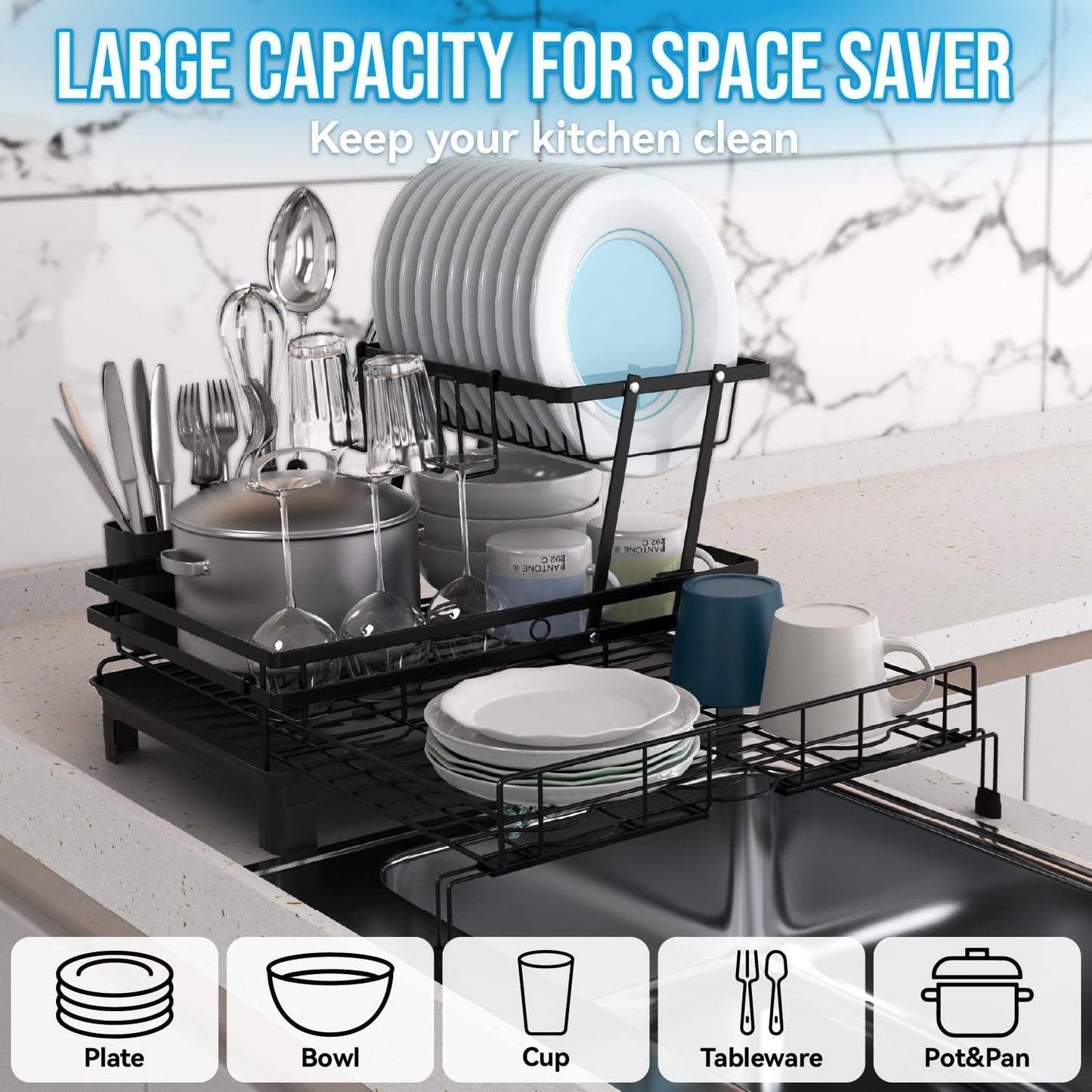 CARLA HOME Expandable Dish Drying Rack with Drainage Spout, Utensil Holder & Drainboardfor Kitchen Countertop V178-36265