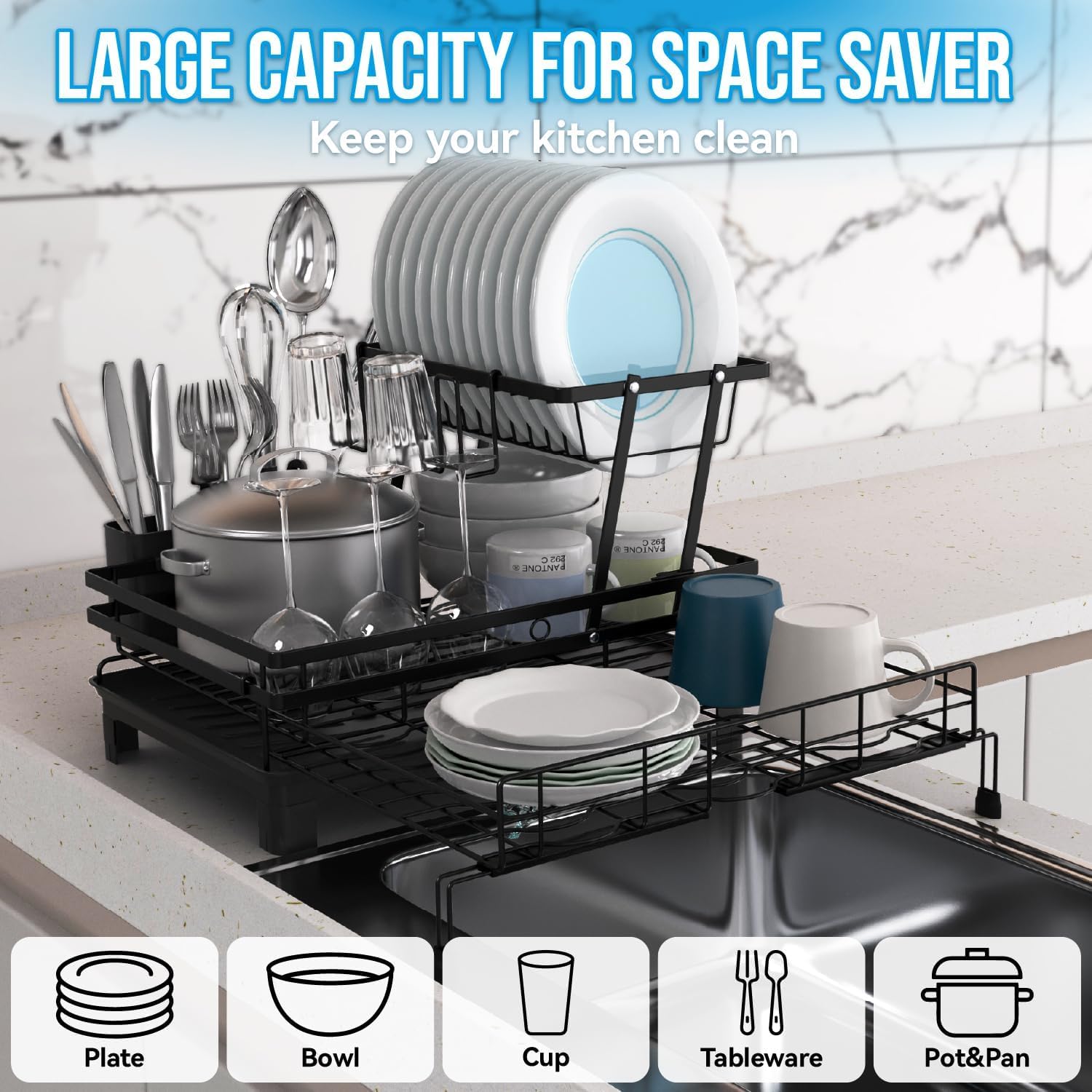 CARLA HOME Expandable Dish Drying Rack with Drainage Spout, Utensil Holder & Drainboardfor Kitchen Countertop V178-36265